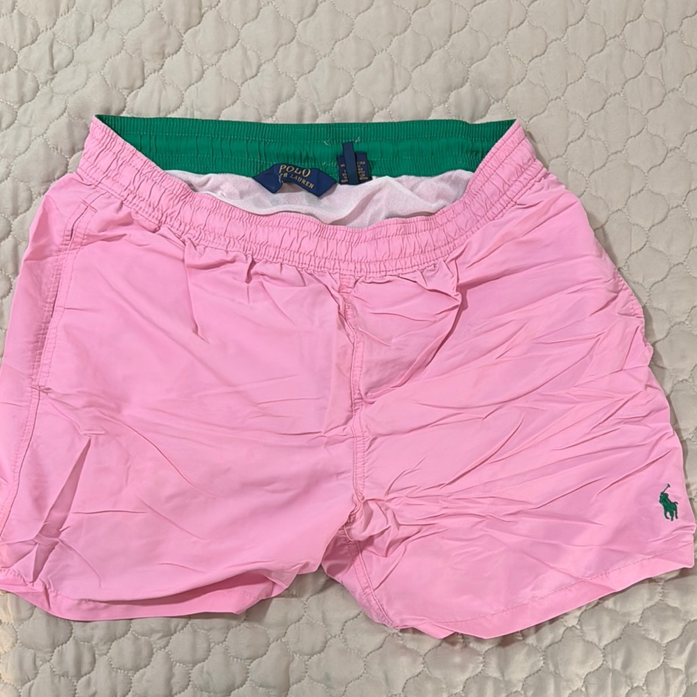 Polo Ralph Lauren Pink Swim Trunks with Green Waistband